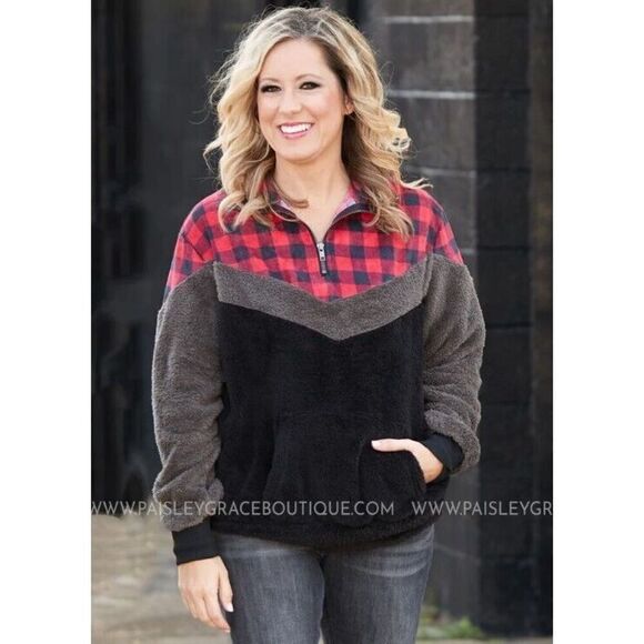 Grace & Emma Sherpa Pullover Size XL Jacket Country Chic Buffalo Plaid Bonfire - Picture 2 of 5